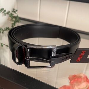 NEW HUGO Black Cow Skin Leather Garney Gun Metal Buckle Belt 44” 115 cm